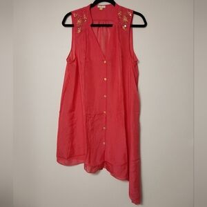 Leifsdottir Anthropologie Pink 100% Silk Asymmetrical Beaded Embellishment Top